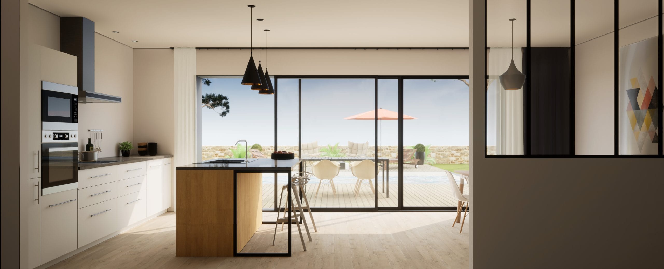 vue 3d cuisine avec îlot central vue sur terrasse nos services déplacement prise de mesure instalation sur mesure de films solaires ou décoratifs